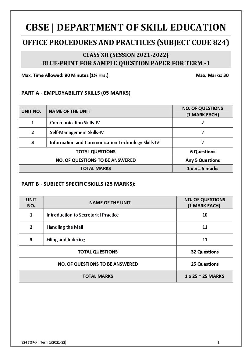 CBSE Class 12 Sample Paper 2022 for Office Procedure and Practices Term 1 - Page 1