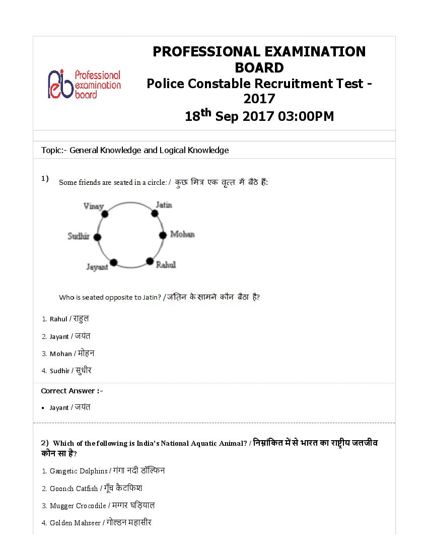 MP Police Constable 2017 Question Paper 18 Sep Shift 2 - Page 1