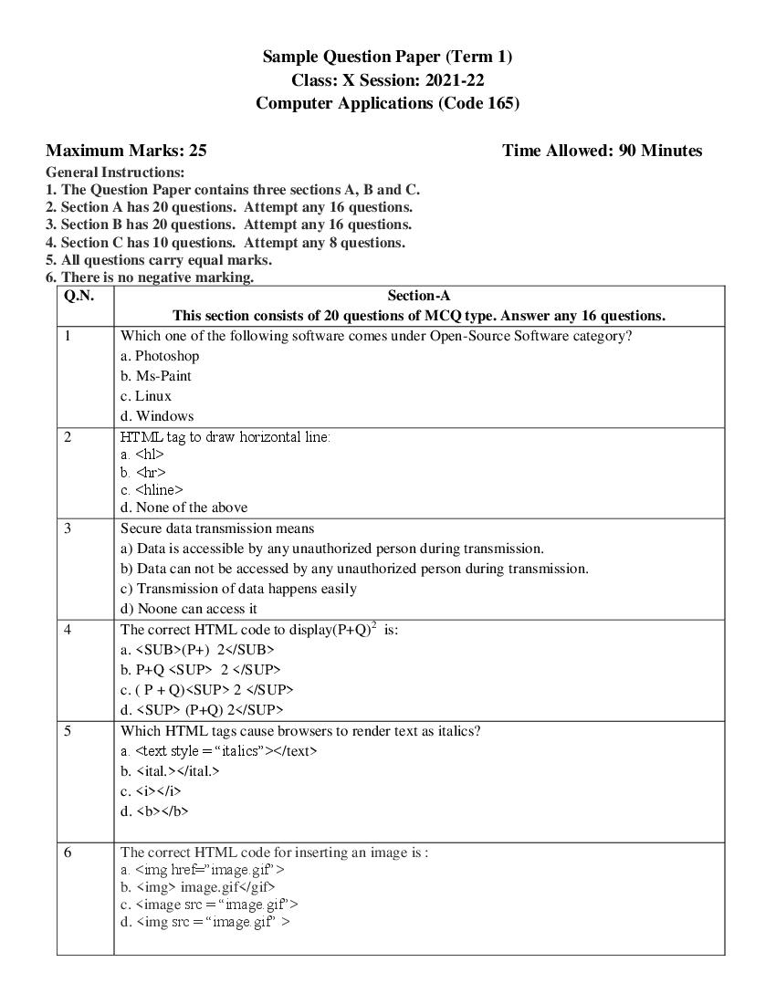 CBSE Class 10 Sample Paper 2022 for Computer Application Term 1 - Page 1