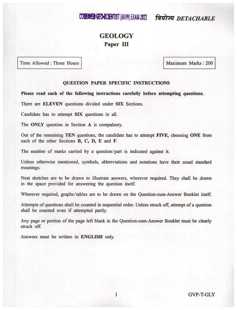UPSC CGGE 2022 (Mains) Question Paper Geology Paper III - Page 1
