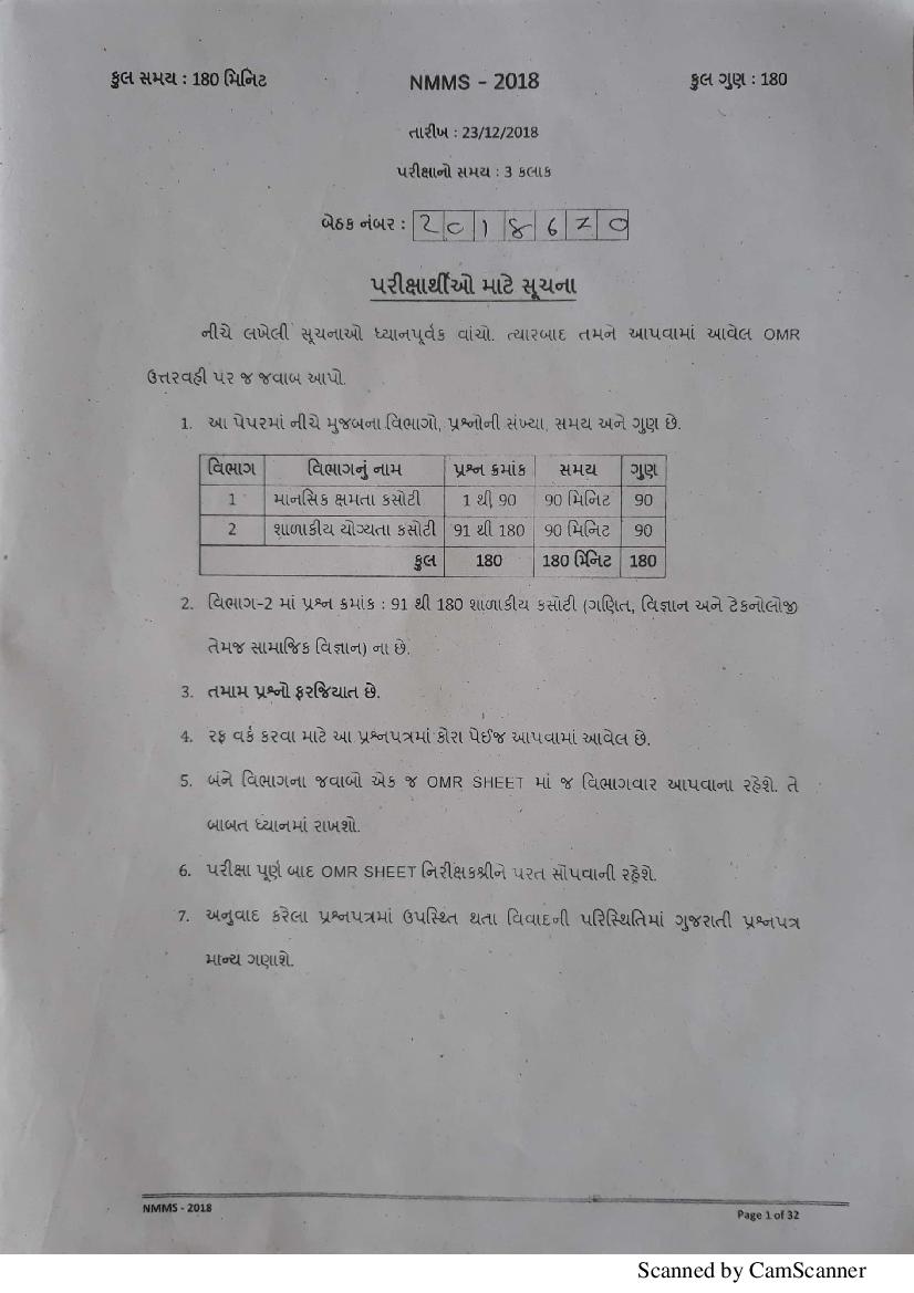 Gujarat NMMS 2018 Question Paper - Page 1