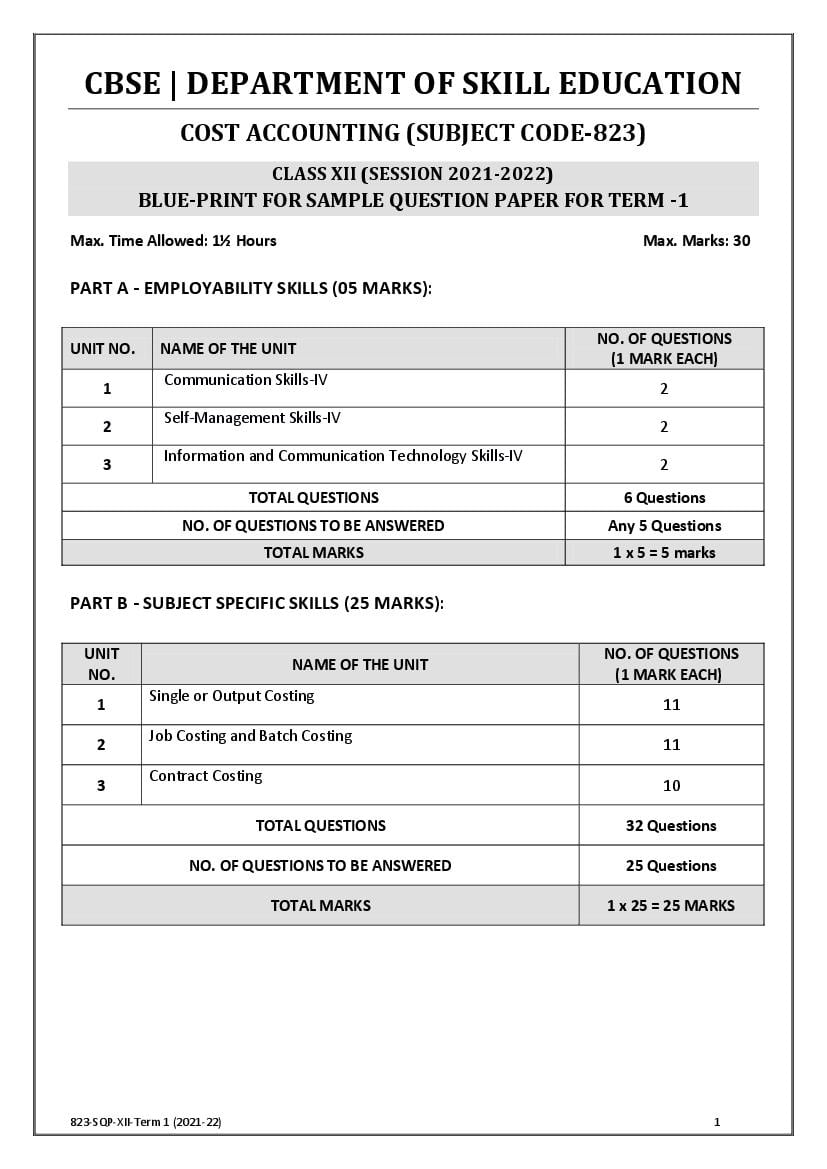 CBSE Class 12 Sample Paper 2022 for Cost Accounting Term 1 - Page 1