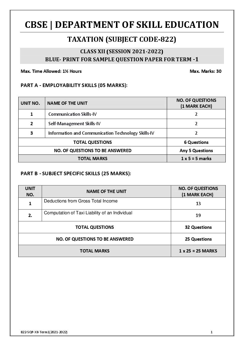 CBSE Class 12 Sample Paper 2022 for Taxation Term 1 - Page 1