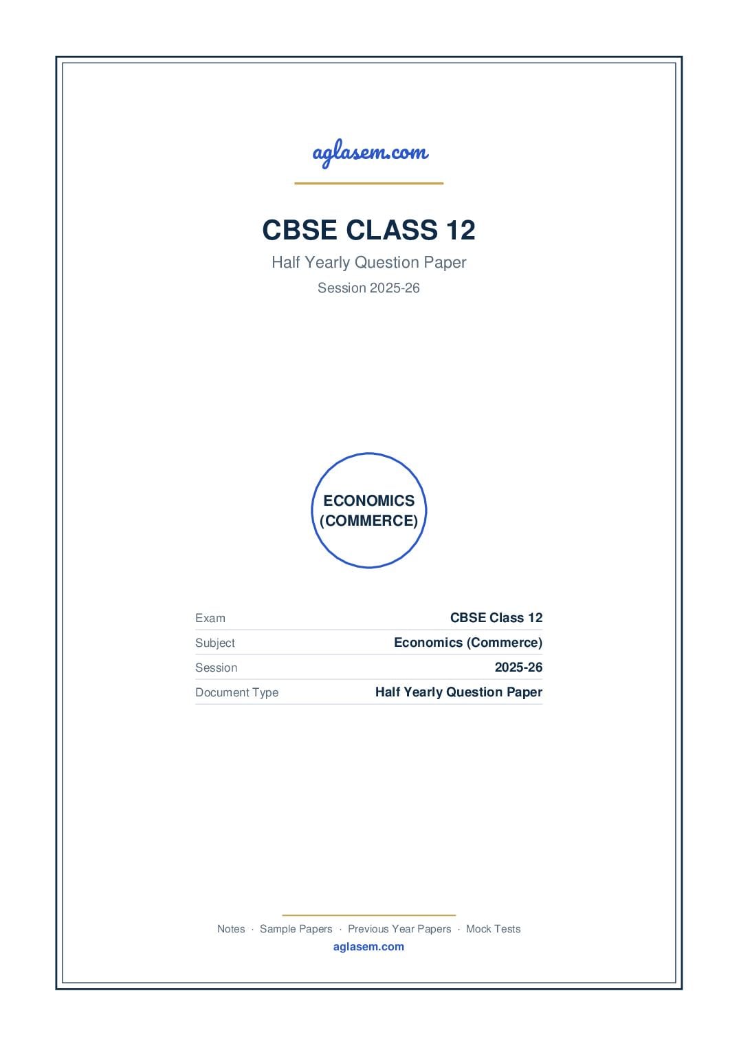 Class 12 Half Yearly Question Paper 2025-26 Economics (Commerce) - Page 1 of 9