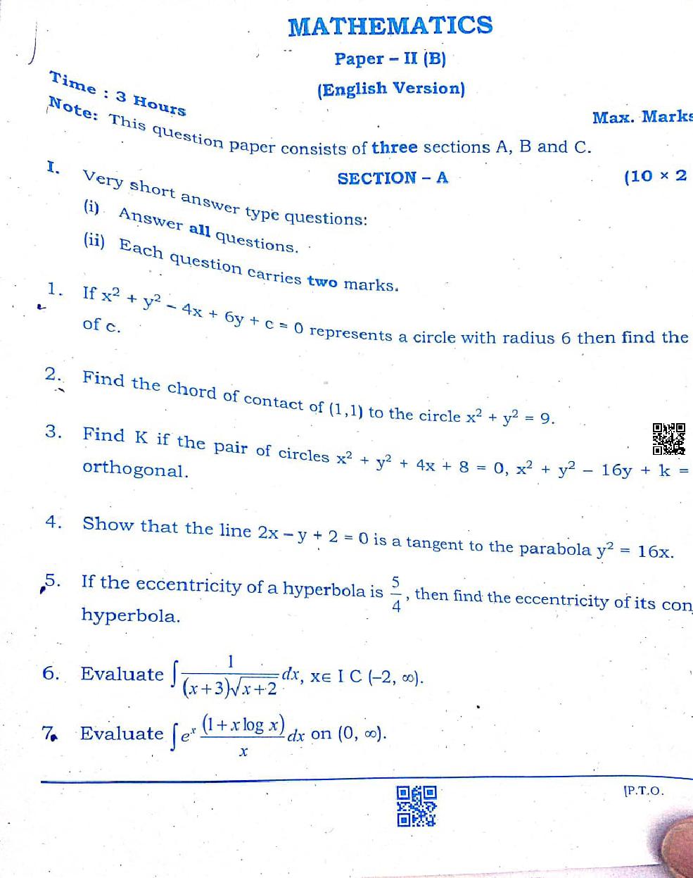 Telangana Inter 2nd Year Maths 2B Question Paper 2024 (PDF) - Download ...