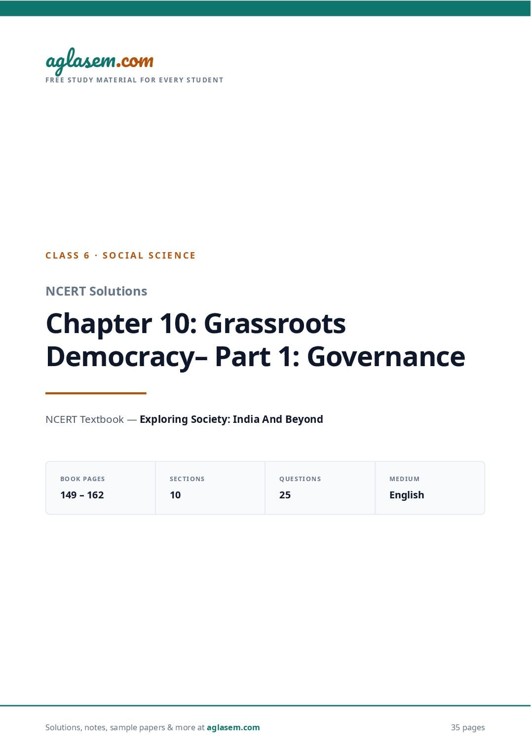 NCERT Solutions Class 6 Social Science Chapter 10 Grassroots Democracy part 1 Governance - Page 1 of 36