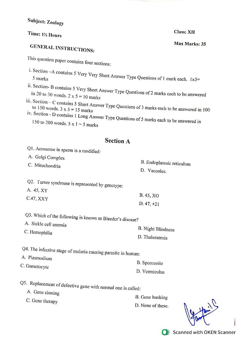 JKBOSE 12th Class Model Paper 2024 Zoology - Page 1
