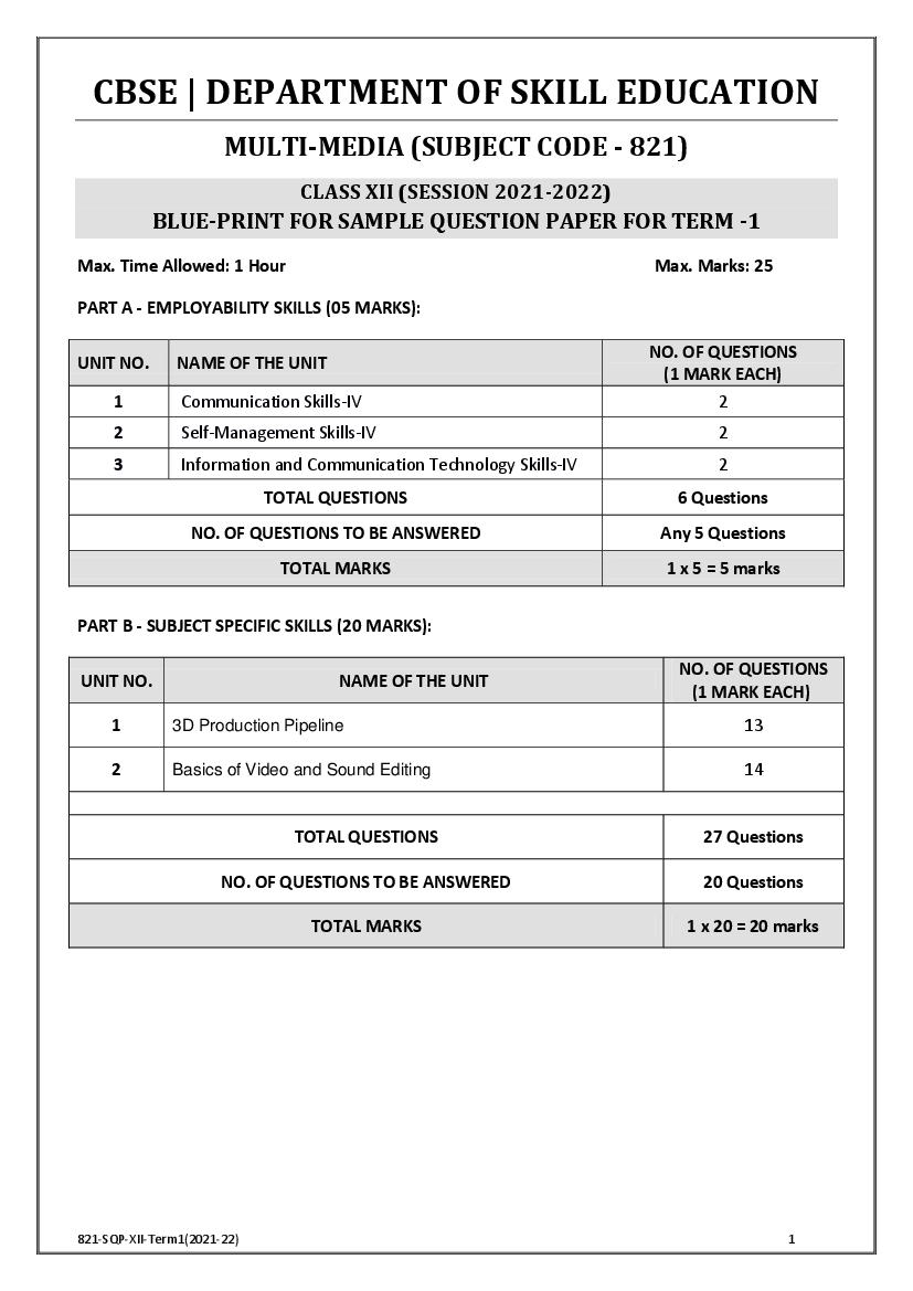 CBSE Class 12 Sample Paper 2022 for Multimedia Term 1 - Page 1