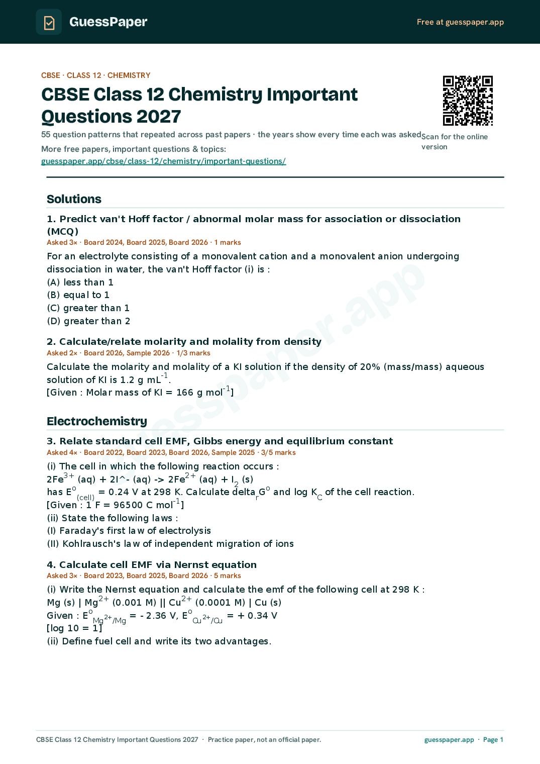 CBSE Class 12 Important Questions 2027 Chemistry - Page 1 of 11