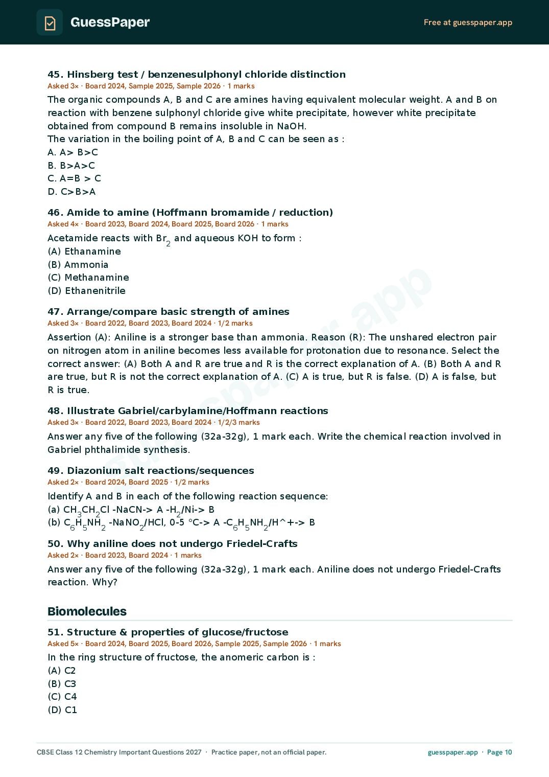CBSE Class 12 Chemistry Important Questions 2027 (PDF)