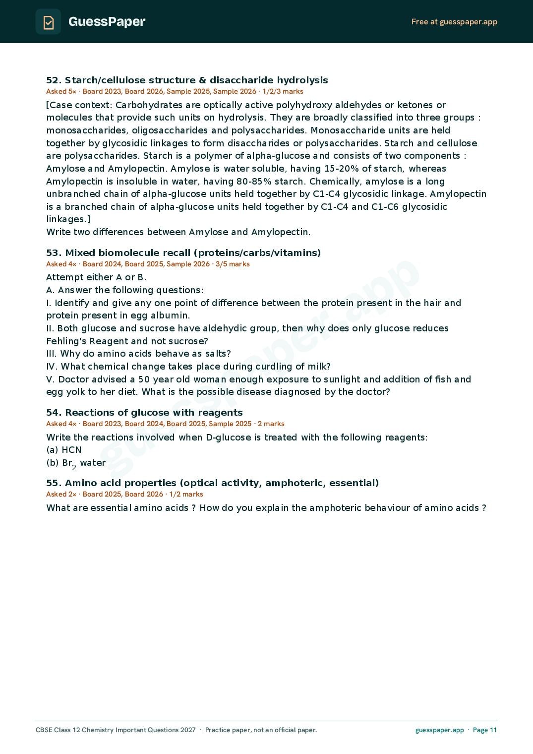 CBSE Class 12 Chemistry Important Questions 2027 (PDF)