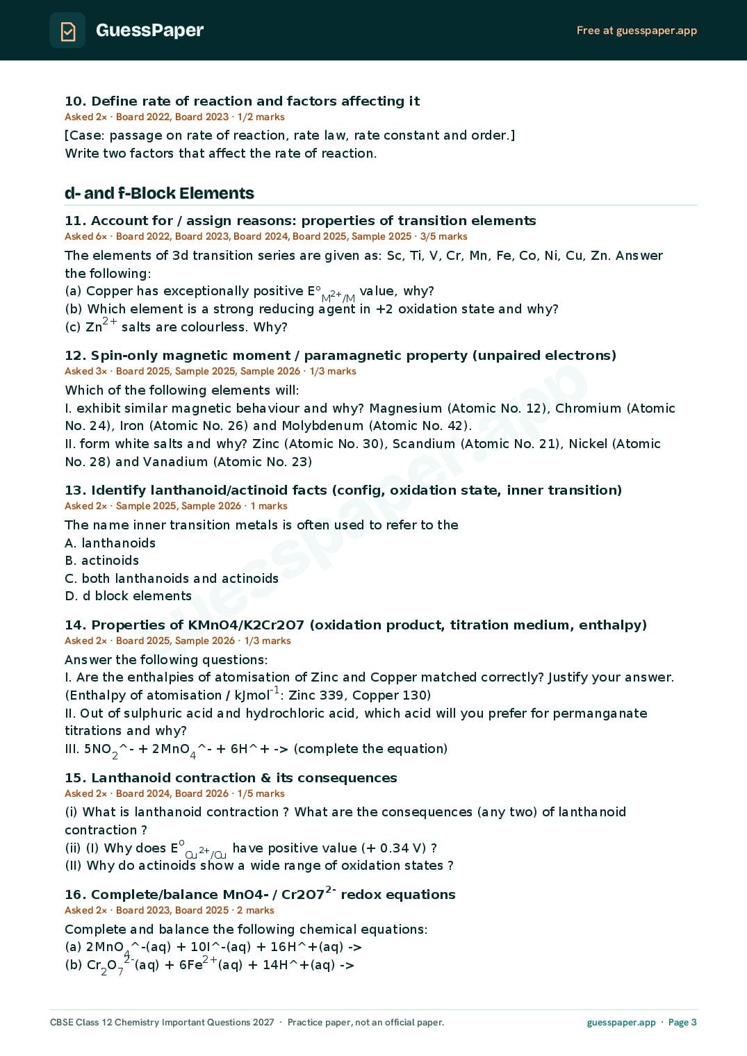 CBSE Class 12 Chemistry Important Questions 2027 (PDF)