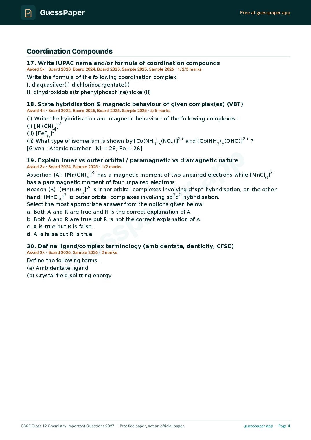 CBSE Class 12 Chemistry Important Questions 2027 (PDF)