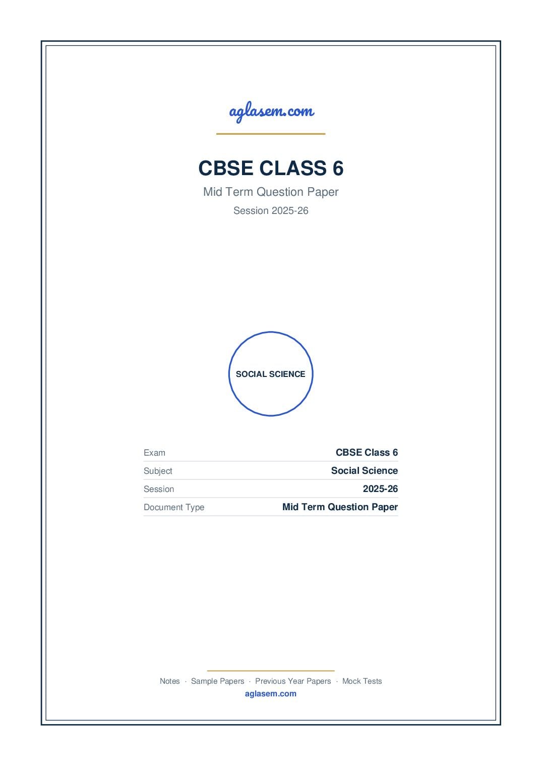 Class 6 Mid Term Question Paper 2025-26 Social Science - Page 1 of 7