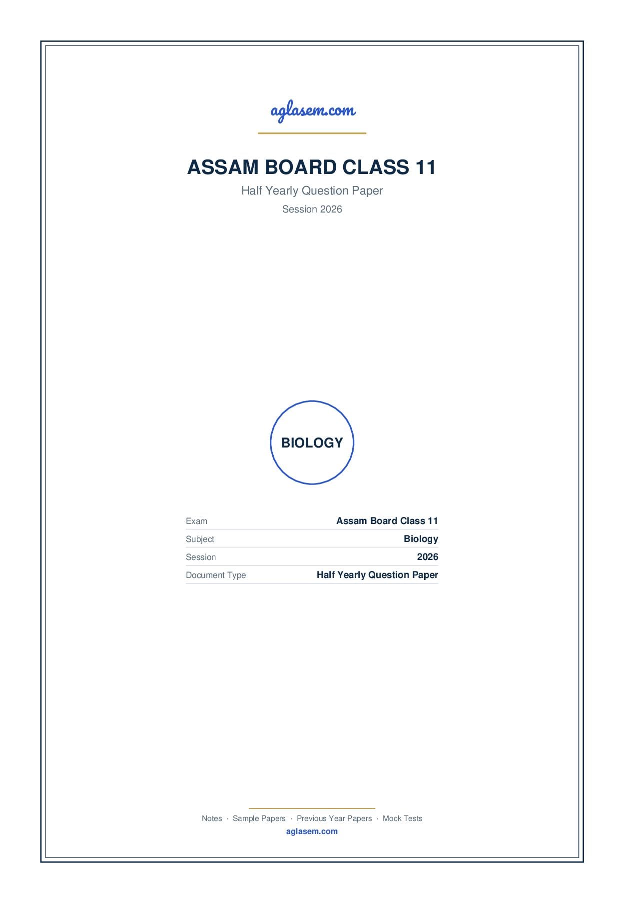 Assam Board Class 11 Half Yearly Question Paper 2026 Biology - Page 1 of 9