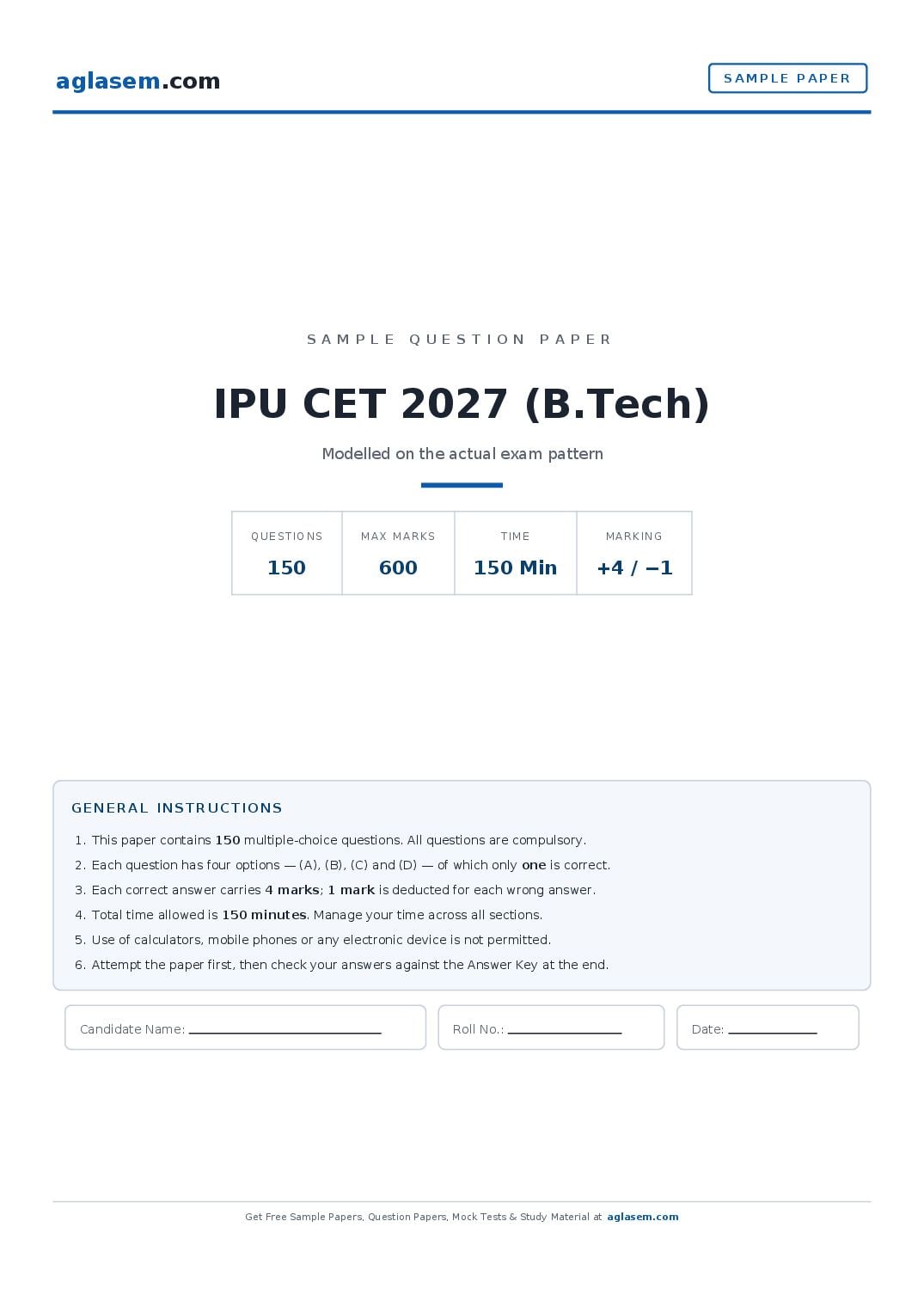 IPU CET 2027 Sample Paper B.Tech - Page 1 of 20