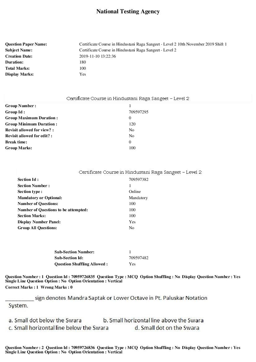 SWAYAM 2019 Question Paper Certificate Course in Hindustani Raga Sangeet Level 2 - Page 1