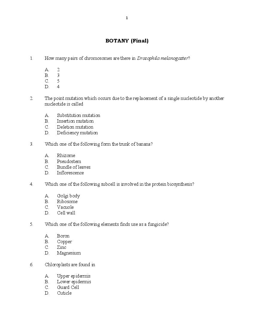 CUSAT CAT 2016 Question Paper Botany - Page 1