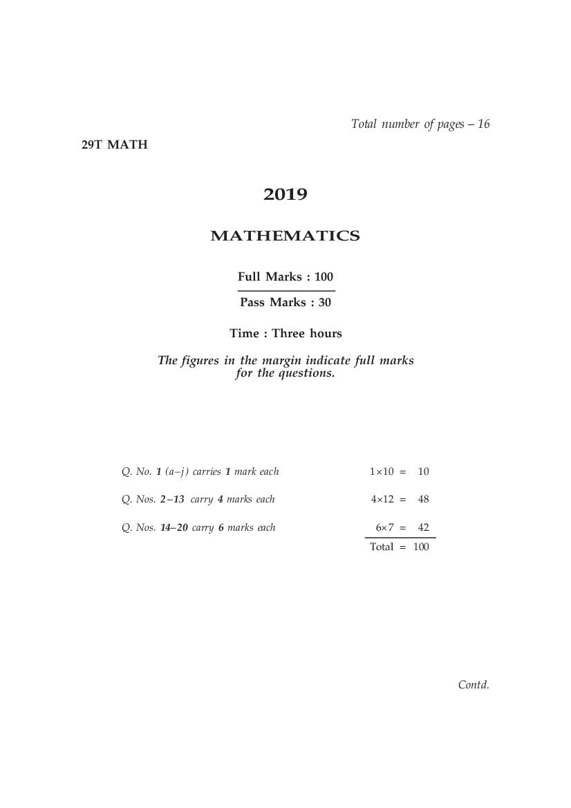 AHSEC HS 2nd Year Question Paper 2019 Maths - Page 1