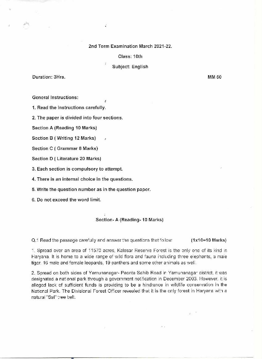 HP Board Class 10 Model Question Paper 2022 English Term 2 - Page 1