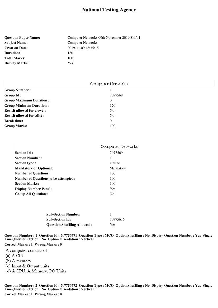 SWAYAM 2019 Question Paper Computer Networks Shift 1 - Page 1 of 20