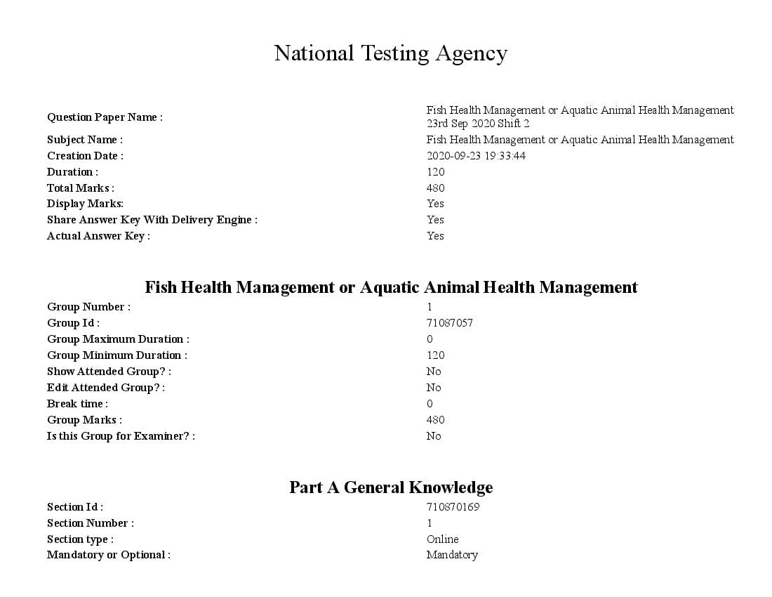 AICE JRF SRF 2020 Question Paper Fish Health Management or Aquatic Animal Health Management - Page 1