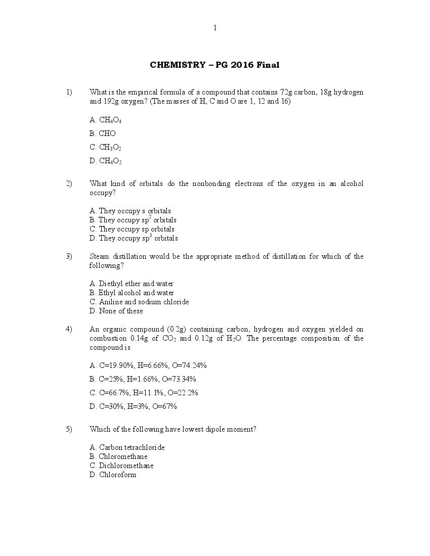 CUSAT CAT 2016 Question Paper Chemistry - Page 1