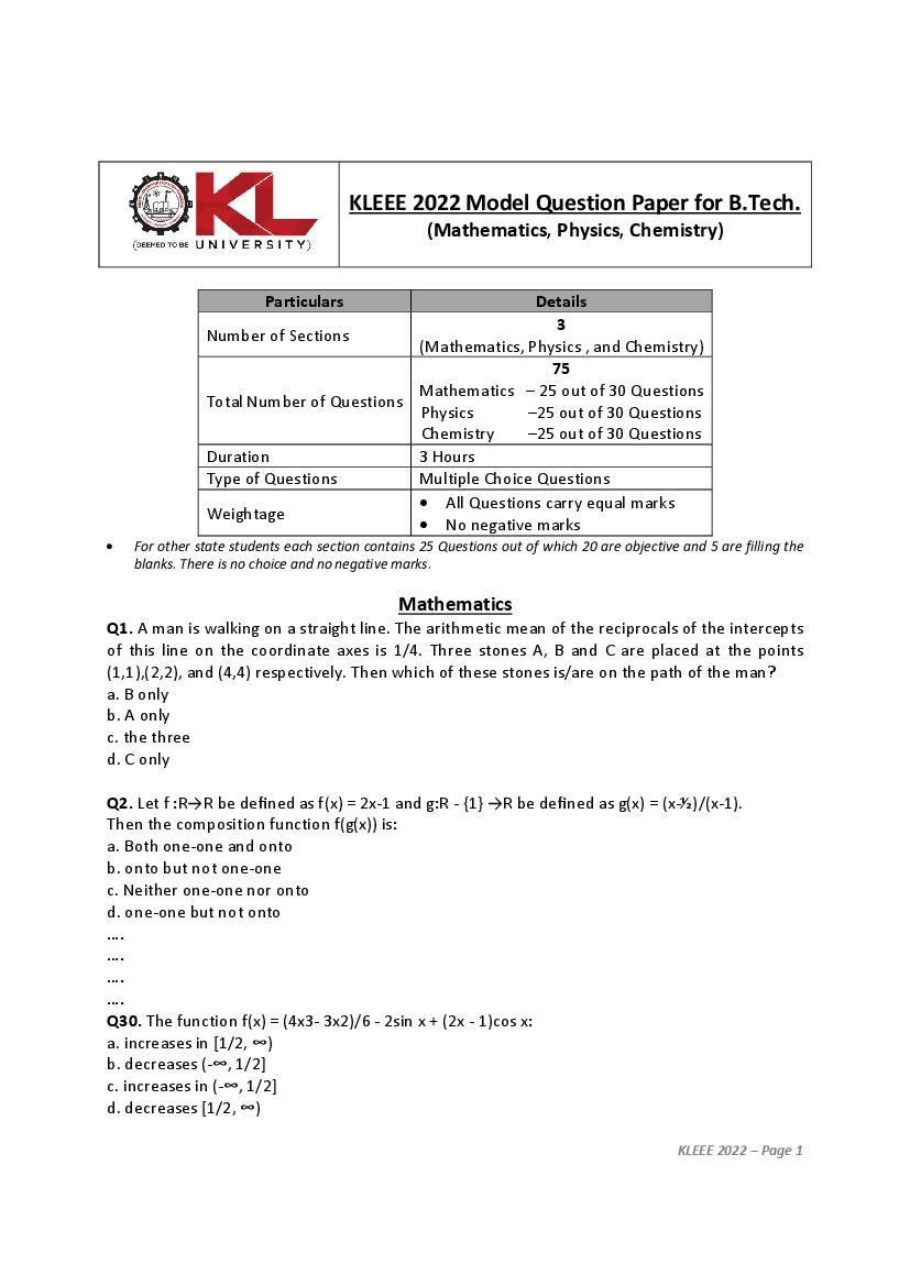 KLEEE 2022 Model Question Paper for B.Tech - Page 1