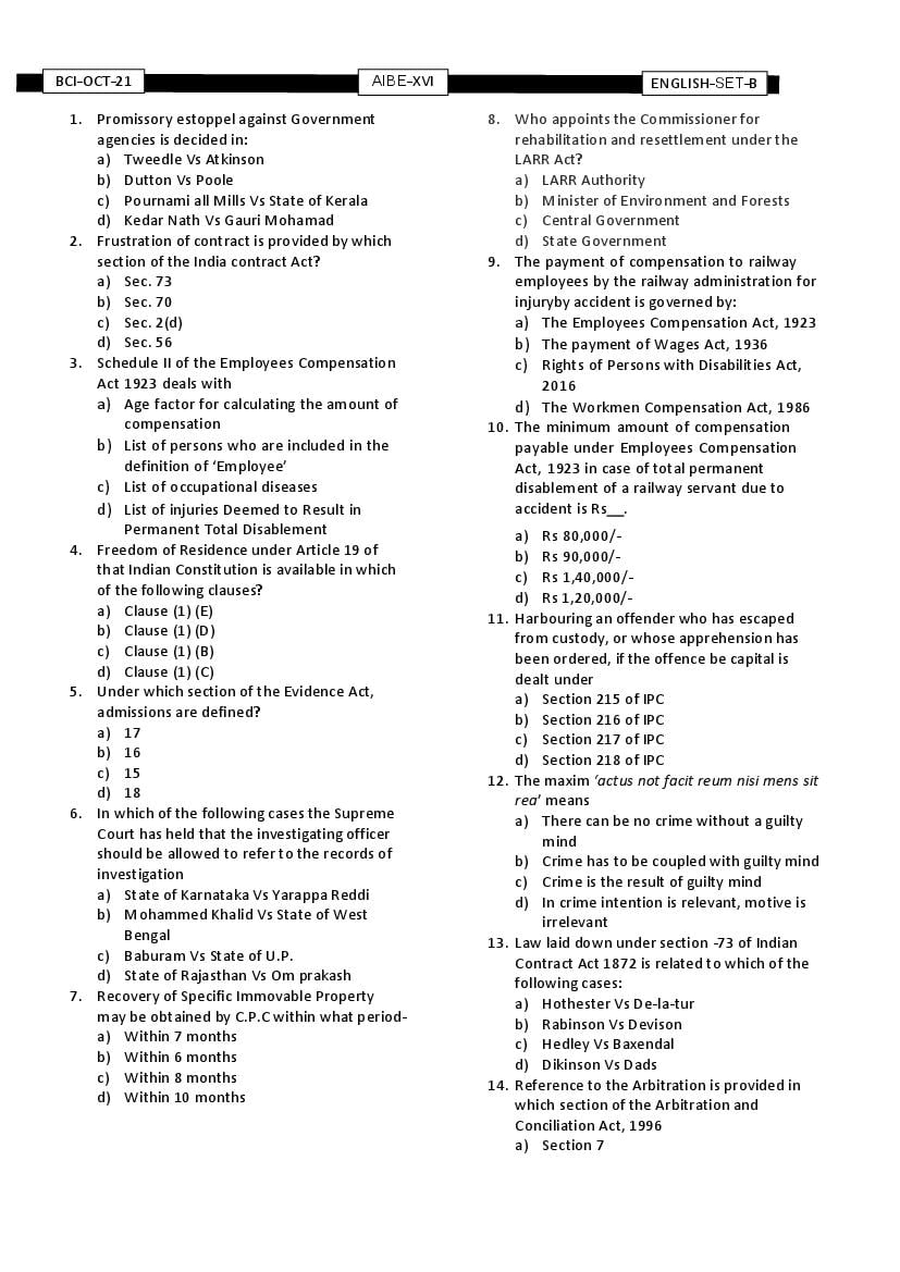 AIBE XVI 2021 Question Paper Set-B - Page 1