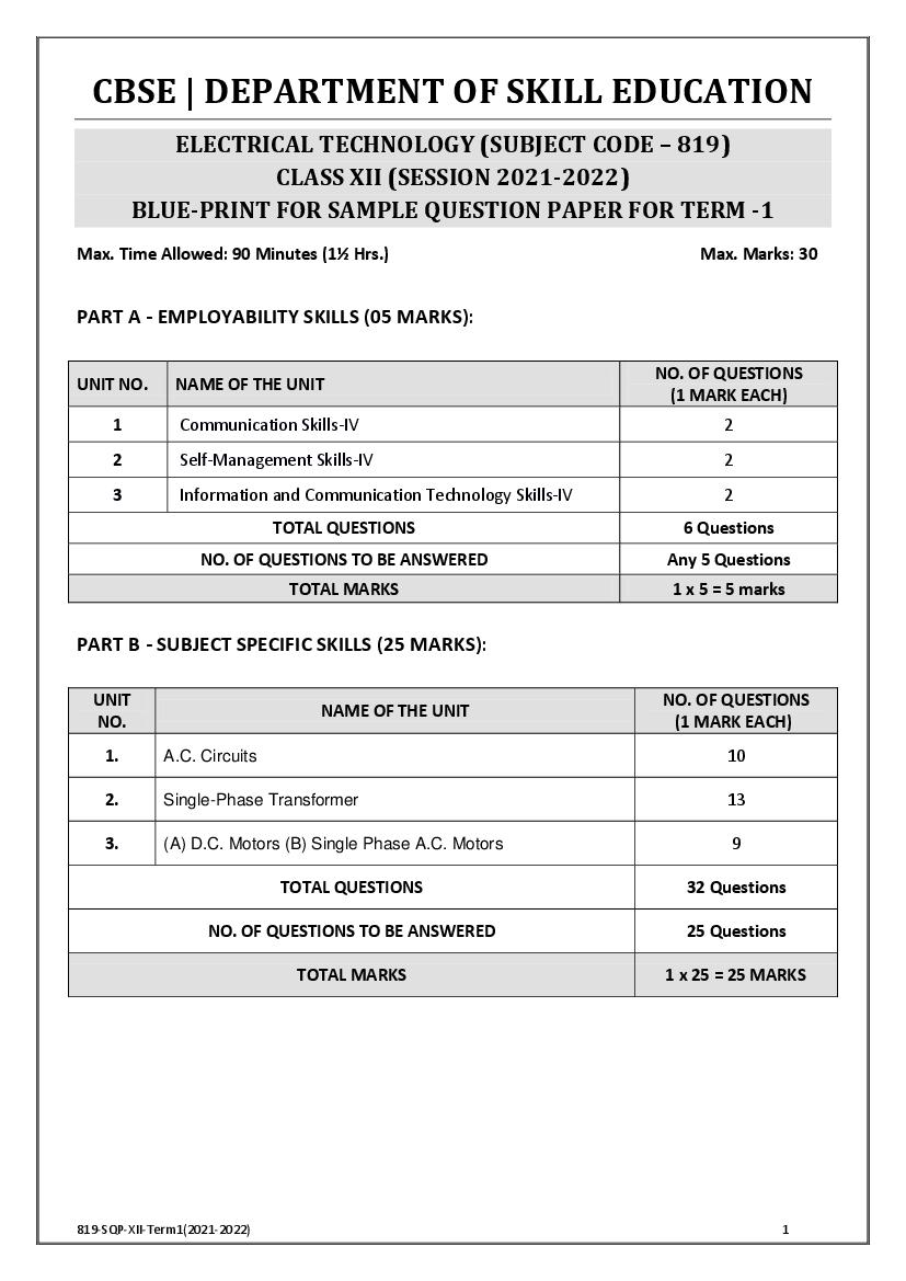 CBSE Class 12 Sample Paper 2022 for Electrical Technology Term 1 - Page 1
