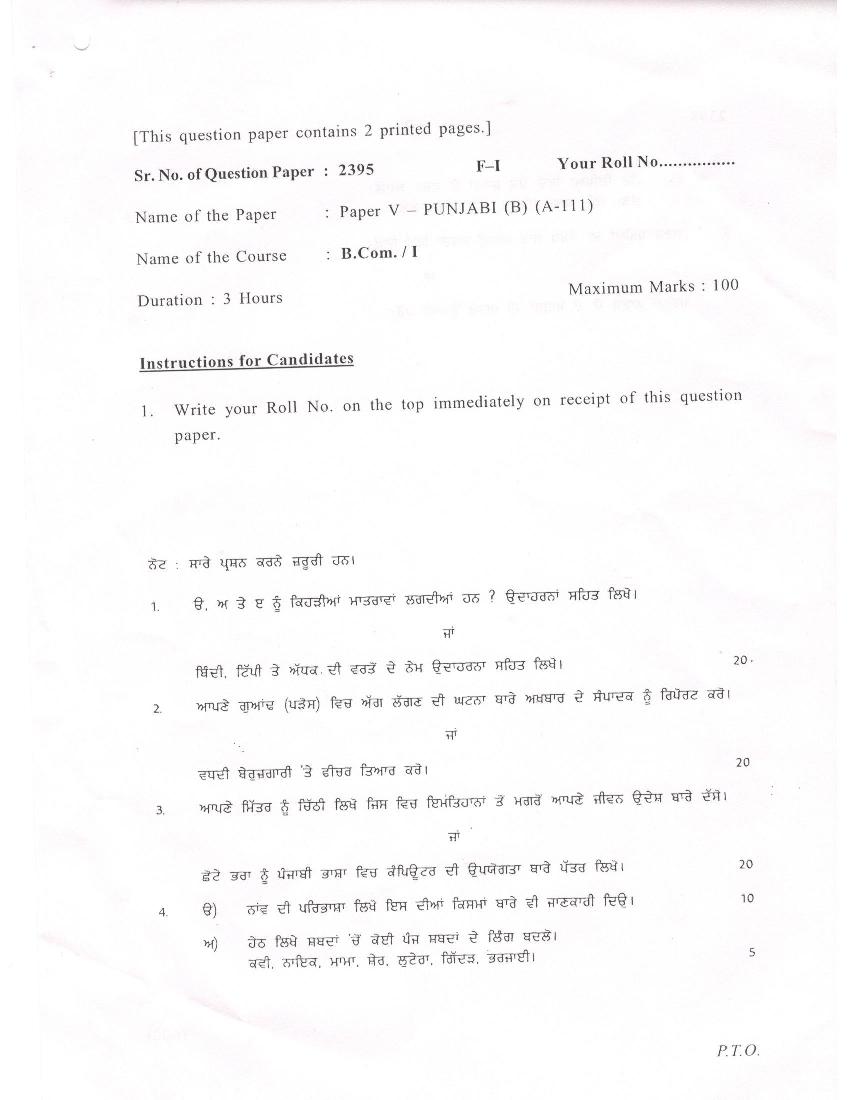 DU SOL B.Com 1st Year Punjab - B Question Paper 2016 A-111 F-I - Page 1