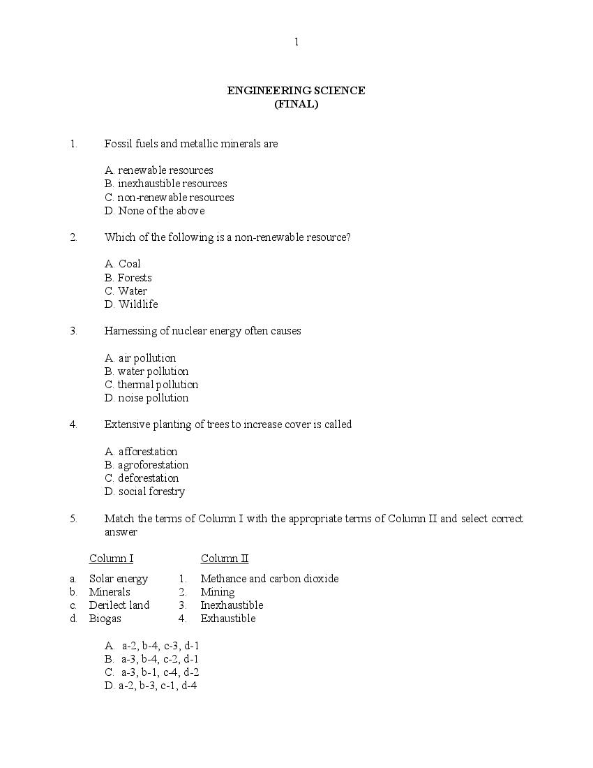 CUSAT CAT 2016 Question Paper Engineering Science - Page 1