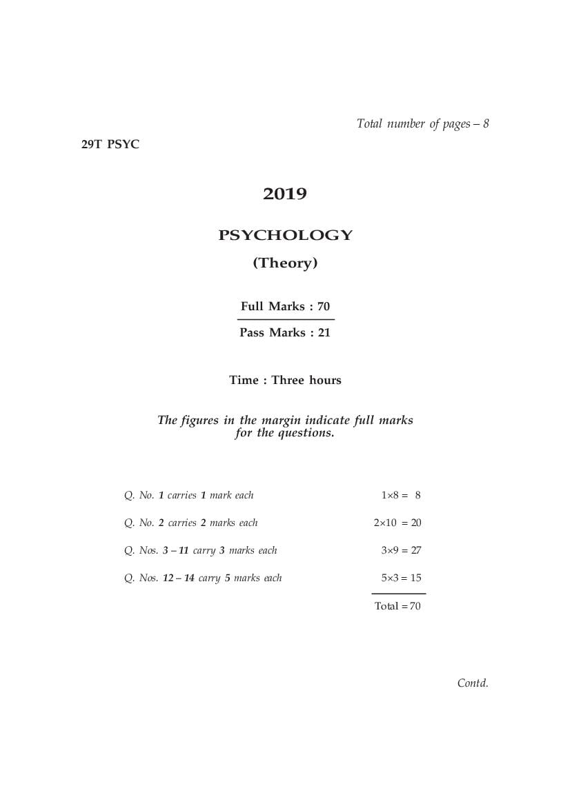AHSEC HS 2nd Year Question Paper 2019 Psychology - Page 1