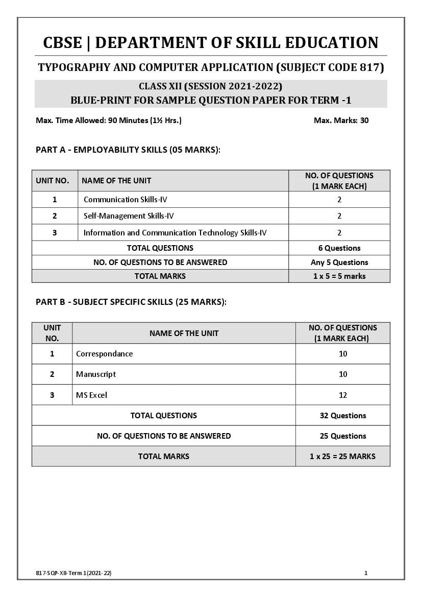 CBSE Class 12 Sample Paper 2022 for Typography and Computer Application Term 1 - Page 1