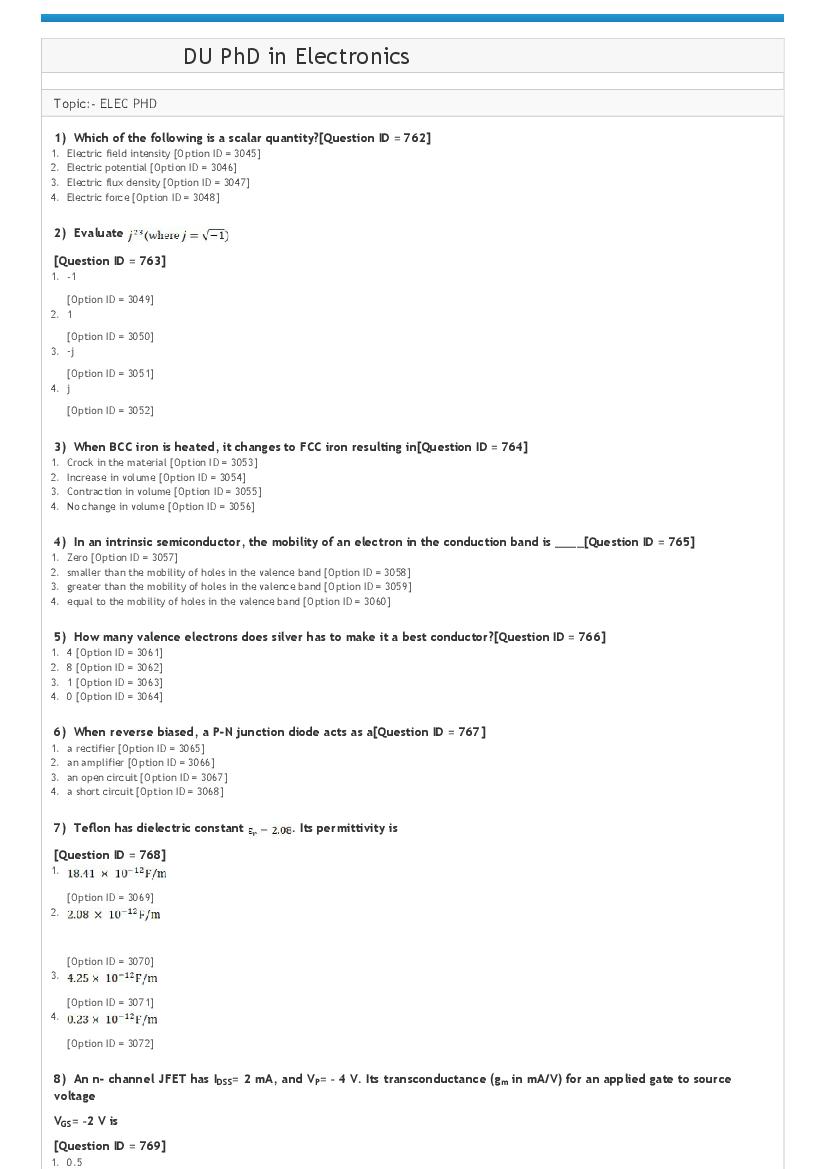 DUET 2021 Question Paper Ph.D in Electronics - Page 1