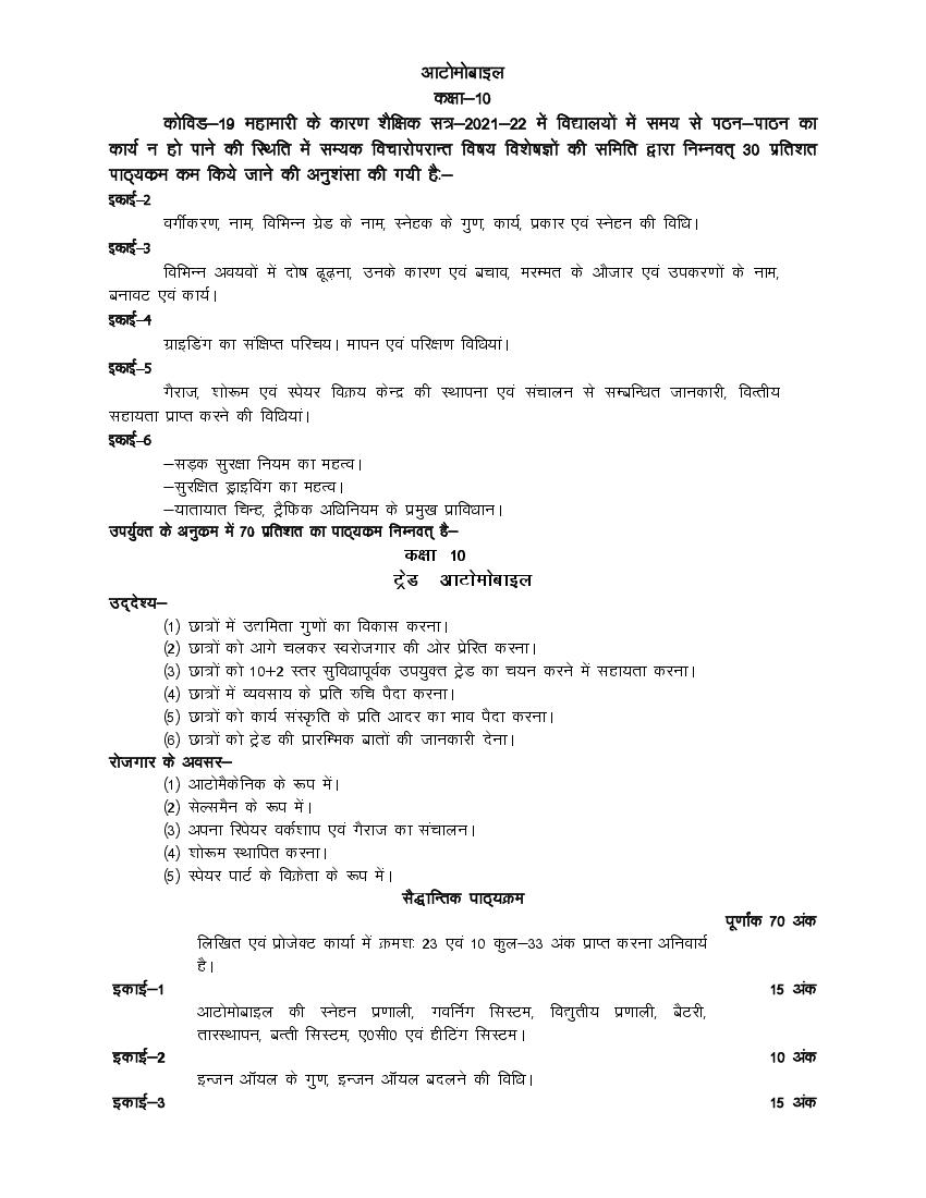 UP Board Class 10 Syllabus 2022 Automobile - Page 1