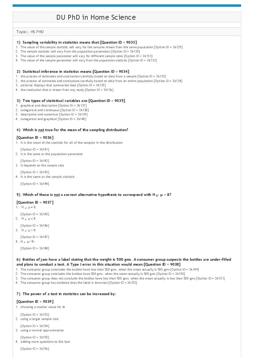 DUET 2021 Question Paper Ph.D in Home Science - Page 1