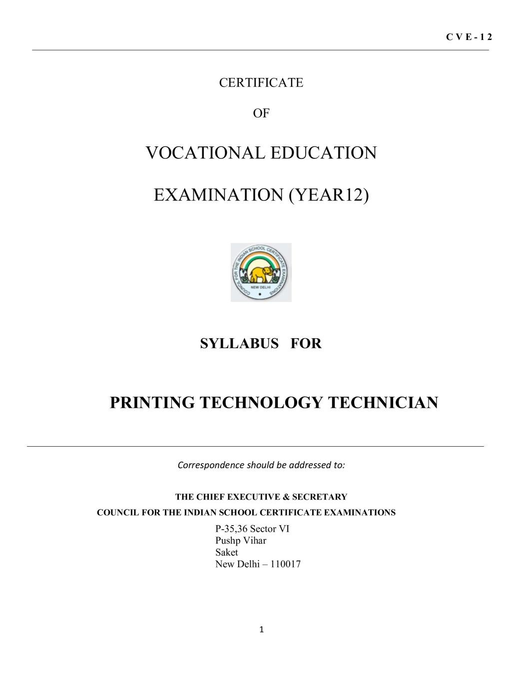 ISC Class 12 Print Technology Technician Syllabus (Vocational Course) - Page 1