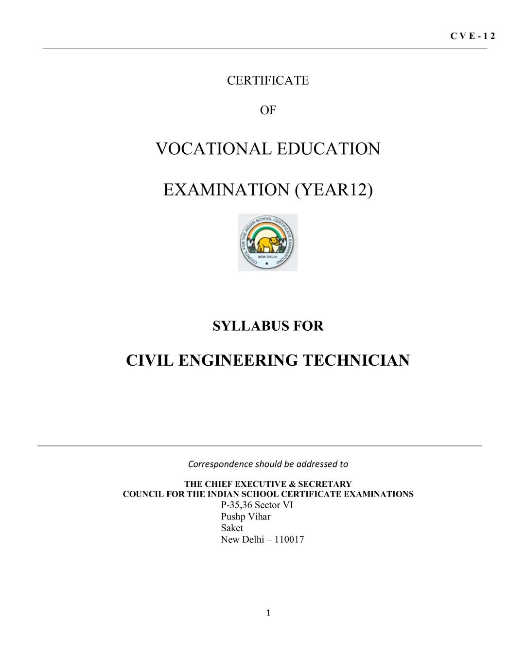 ISC Class 12 Civil Engineering Technician Syllabus 2020 (Vocational Course) - Page 1