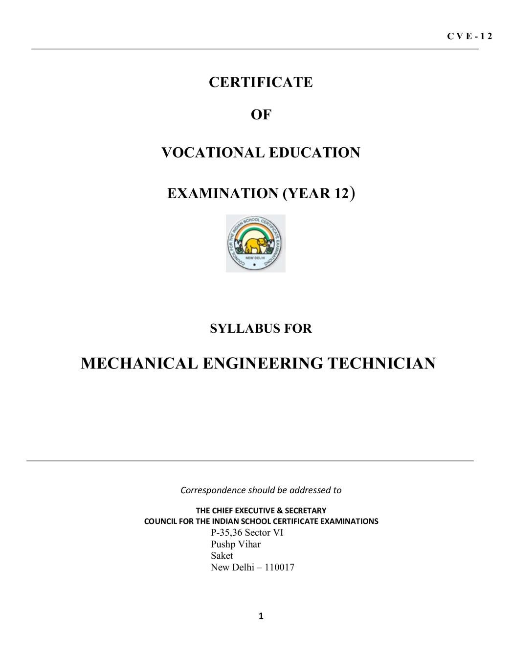 ISC Class 12 Mechanical Engineering Technician Syllabus (Vocational Course) - Page 1