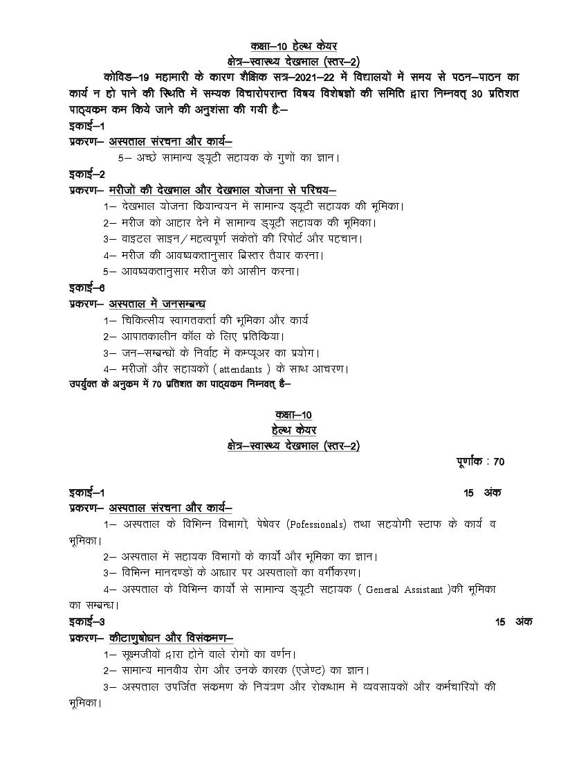 UP Board Class 10 Syllabus 2022 Health Care - Page 1