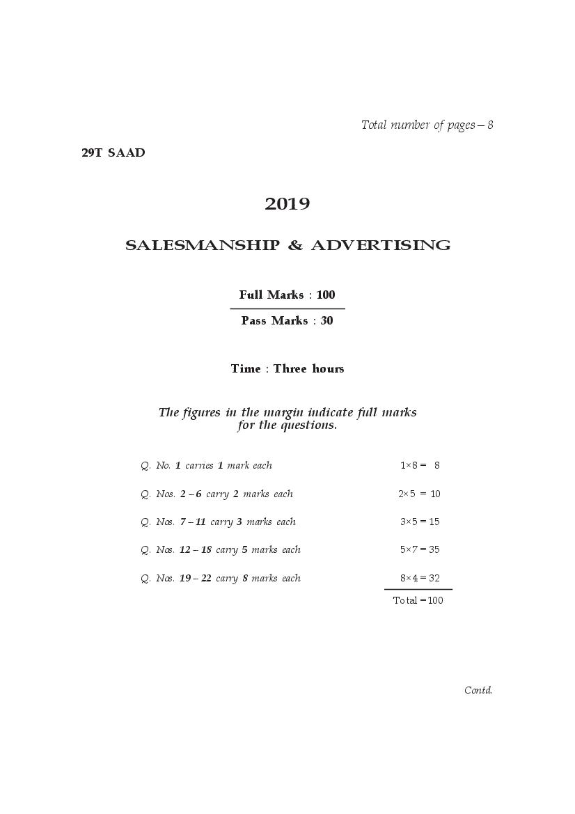 AHSEC HS 2nd Year Question Paper 2019 Salesmanship and Advertising - Page 1
