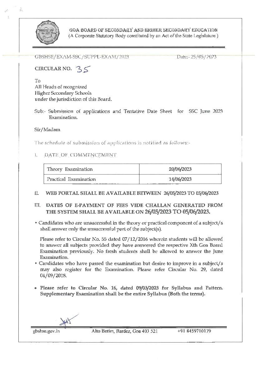 Goa SSC Supplementary Time Table 2023 - Page 1 of 8