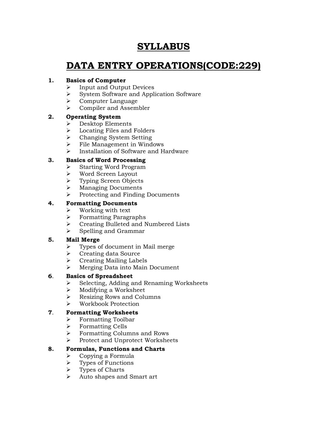 NIOS Class 10 Syllabus - Data Entry and Operations - Page 1