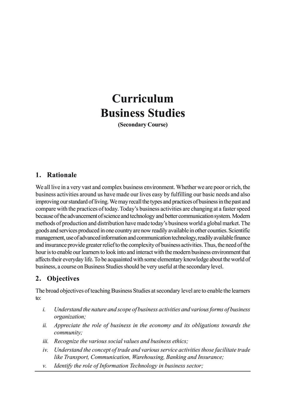 NIOS Class 10 Syllabus - Business Studies - Page 1