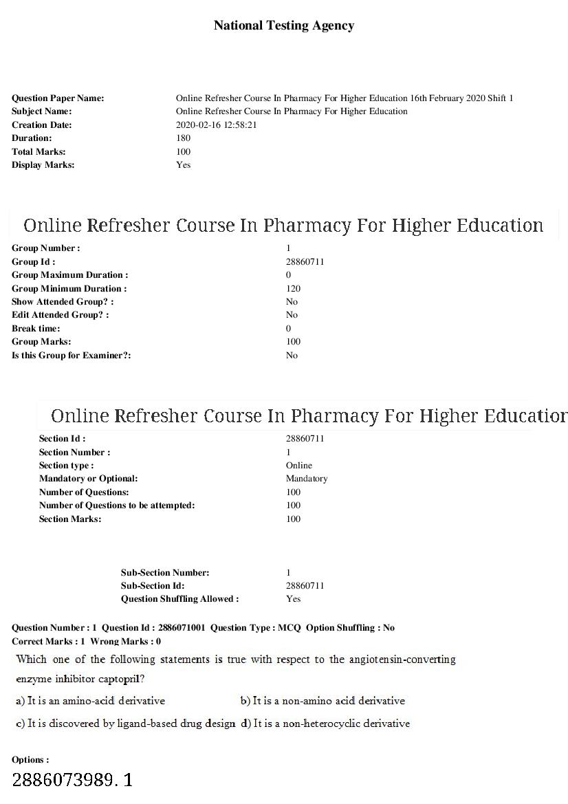 ARPIT 2020 Question Paper for Online Refresher Course In Pharmacy For Higher Education - Page 1 of 35