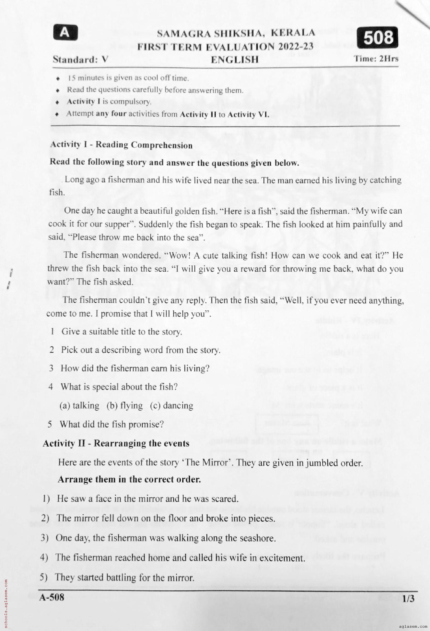 Class 5 English Onam Exam Question Paper 2024 (PDF) | Kerala Std 5 ...