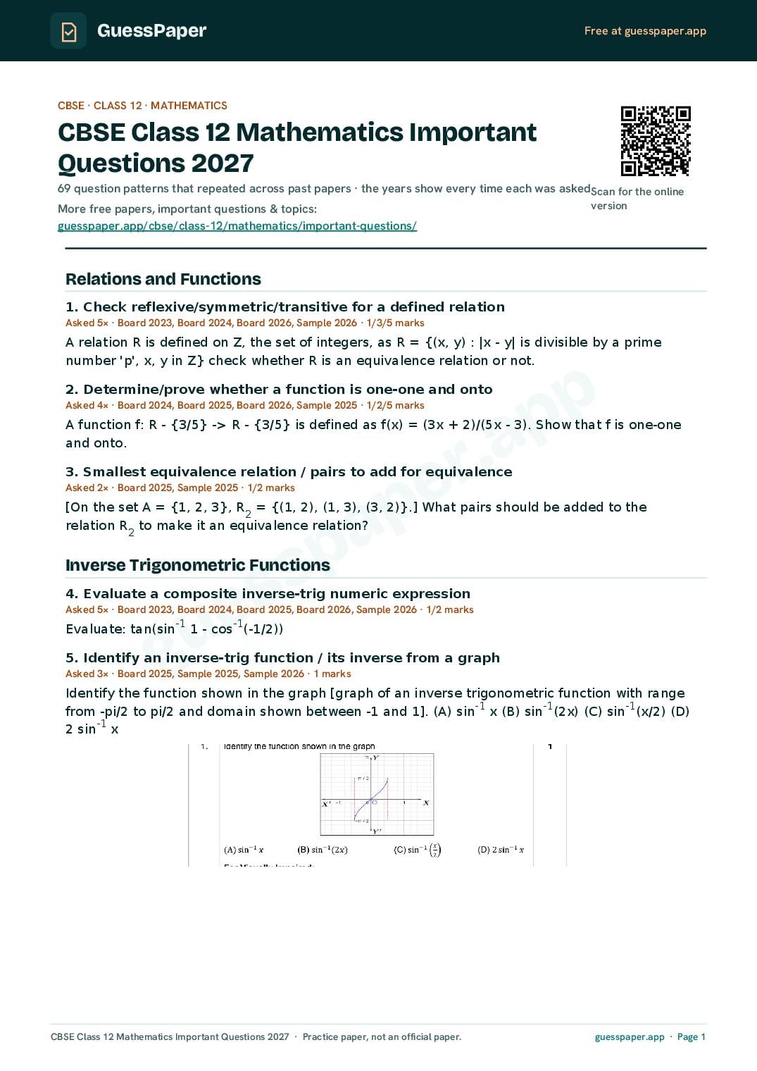 CBSE Class 12 Important Questions 2027 Mathematics - Page 1 of 13