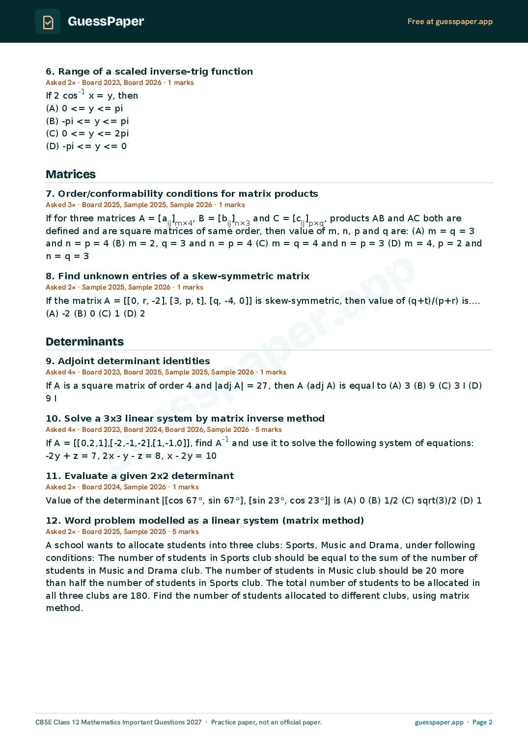 CBSE Class 12 Maths Important Questions 2027 (PDF)