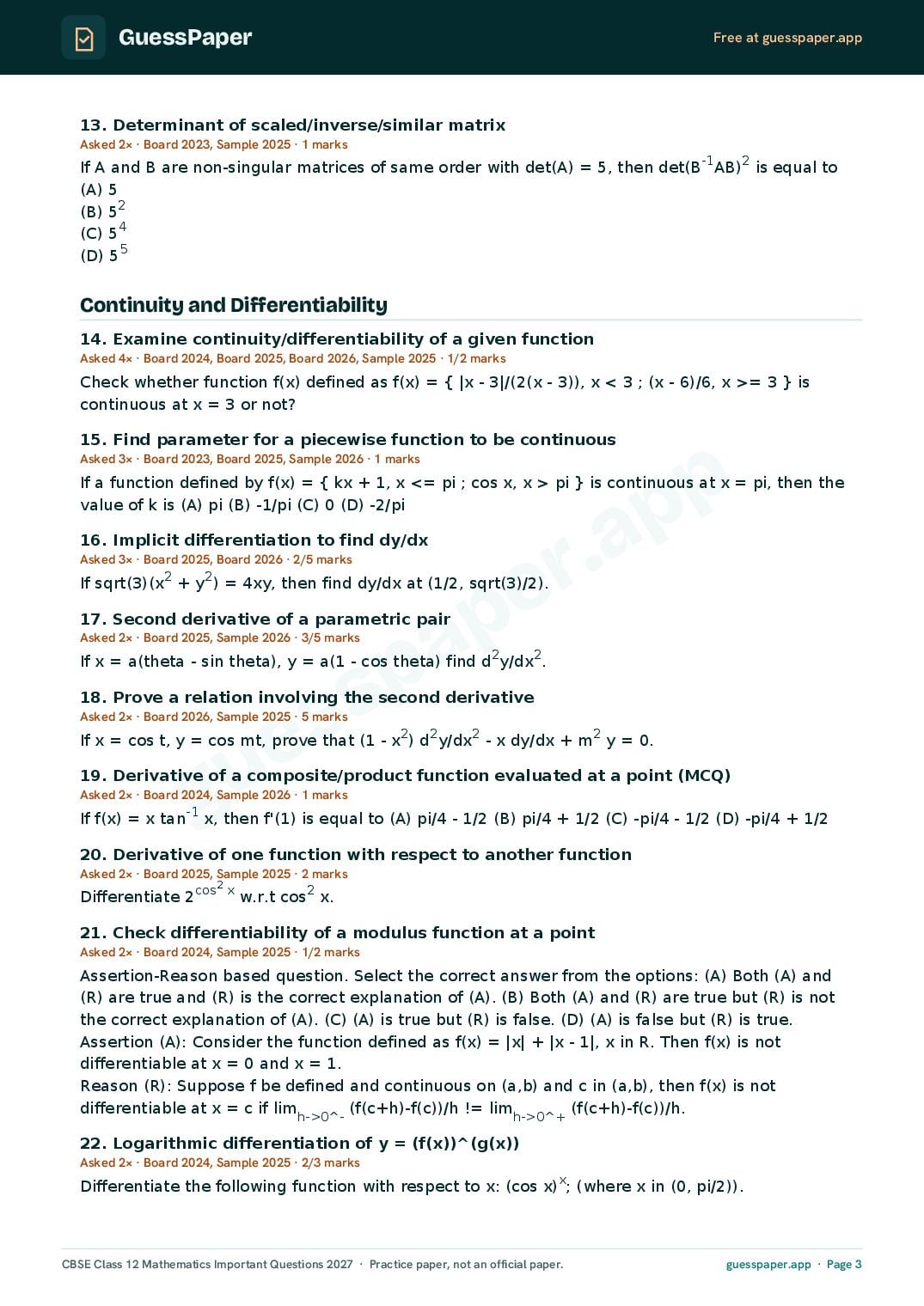 CBSE Class 12 Maths Important Questions 2027 (PDF)